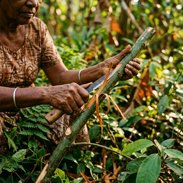 Skilled hands peeling cinnamon bark