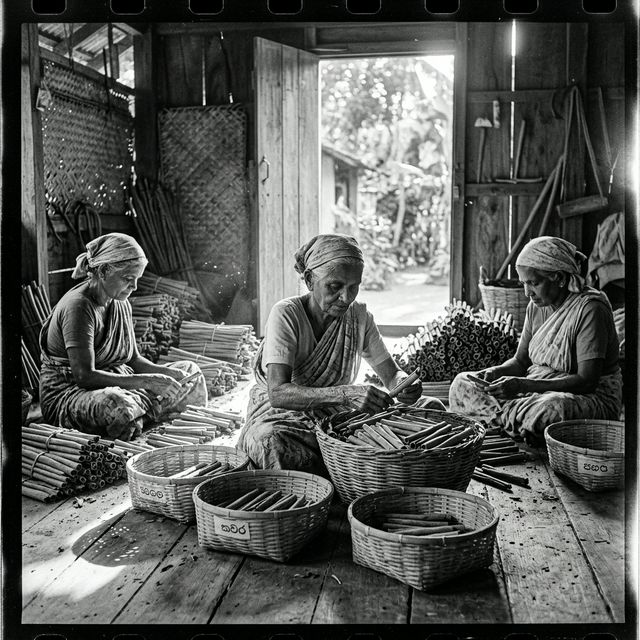 Women grading and sorting cinnamon quills by quality in a Ceylon workshop, circa 1958