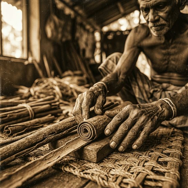 Master craftsman hand-rolling cinnamon quills, Ceylon, circa 1955